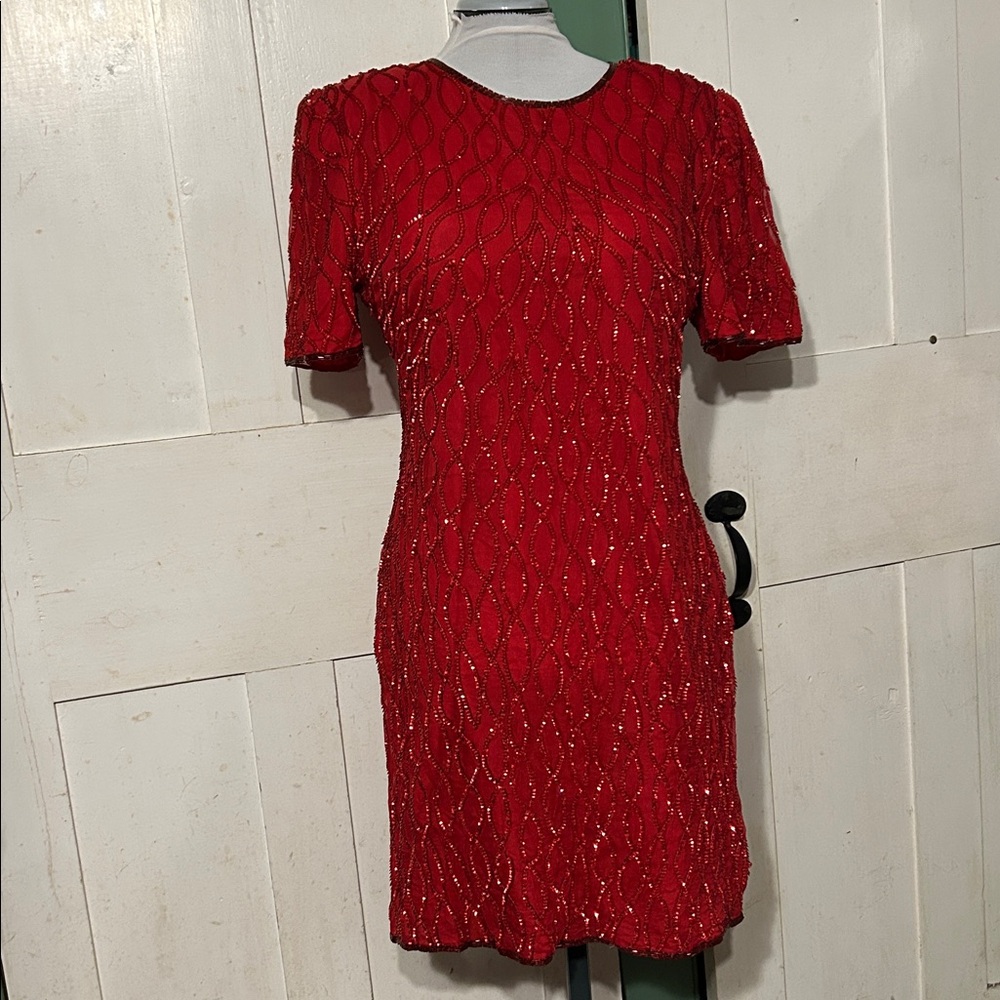 Vintage Lawrence Kazar Red Silk Sequin Sheath Dress Excellent Cond Size PL Party